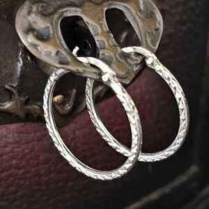 Sterling Silver 925 Filigree Etched Hoop Earrings